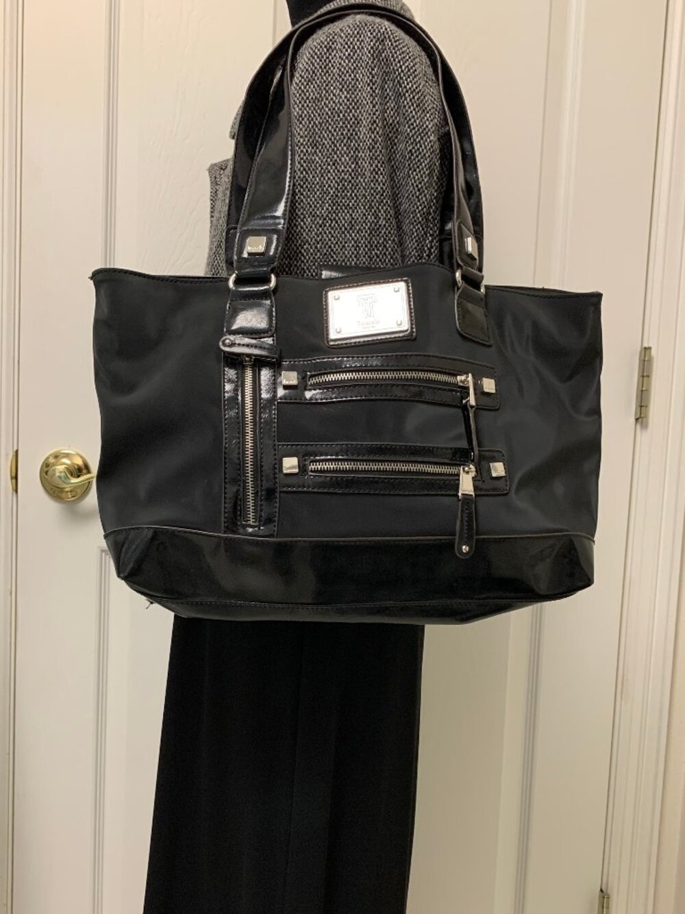 Tignanello Vintage Y2K Multi-Zip Black Faux Leather/Vinyl Tote